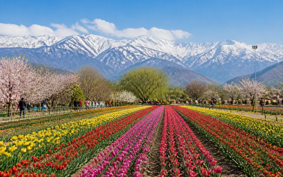 Srinagar tulip garden in full bloom with colourful rows of flowers and snow-capped mountains in the background.
