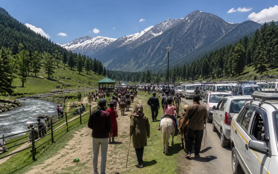 Busy summer day in a green Kashmiri valley with visitors, ponies and taxis