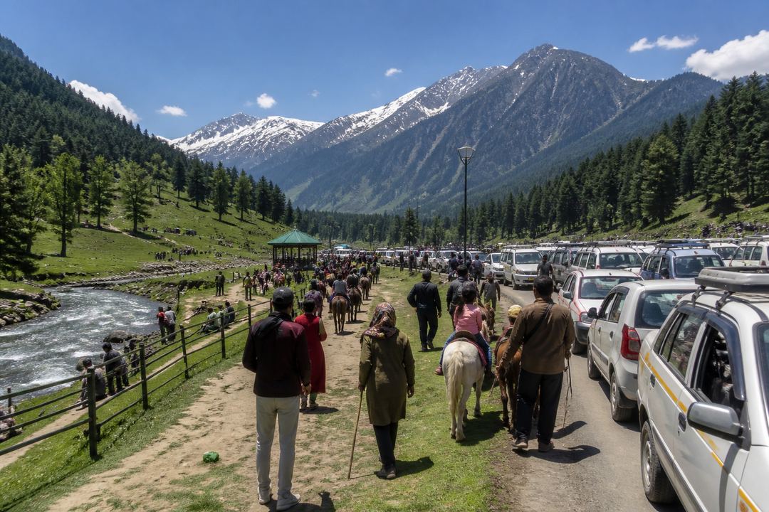 Busy summer day in a green Kashmiri valley with visitors, ponies and taxis