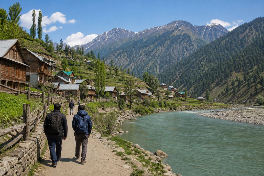Travellers walking along a safe path beside the Kishanganga River near Dawar, with wooden houses and mountains in the background.