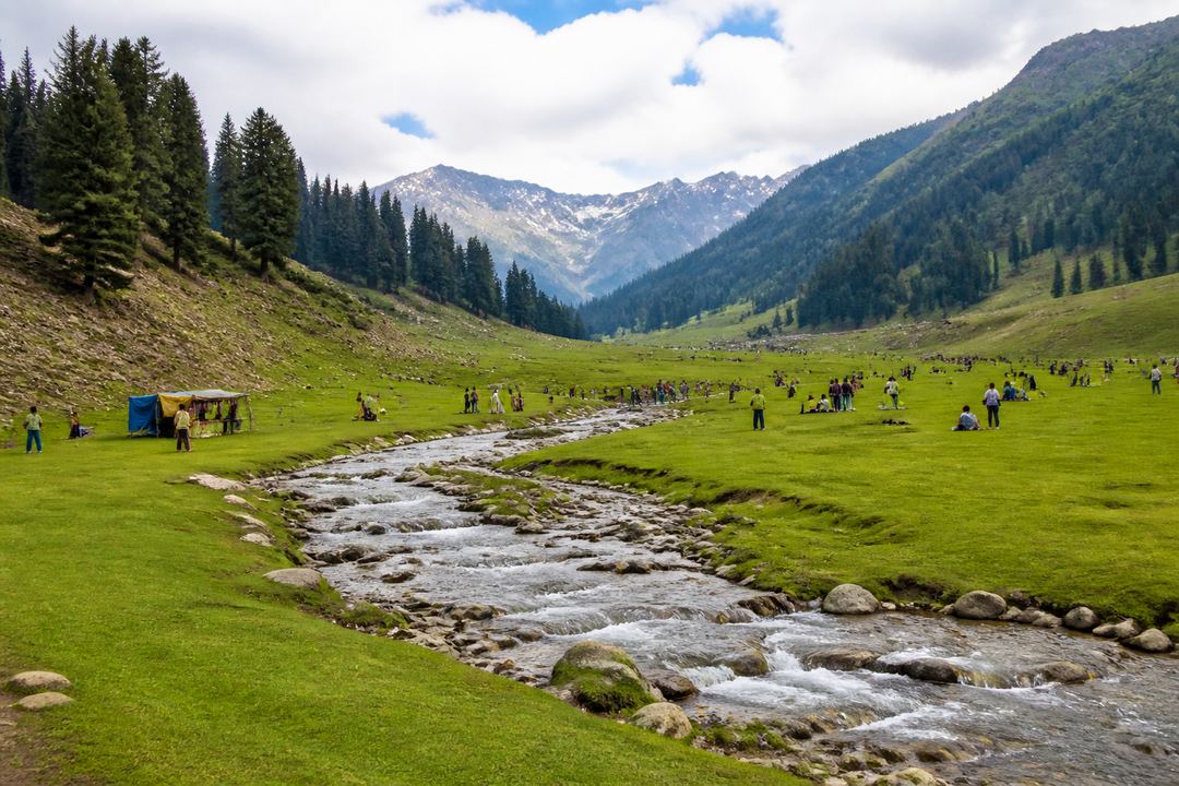High meadow landscape with a clear stream, green grass and a few visitors, similar to Doodhpathri near Srinagar.