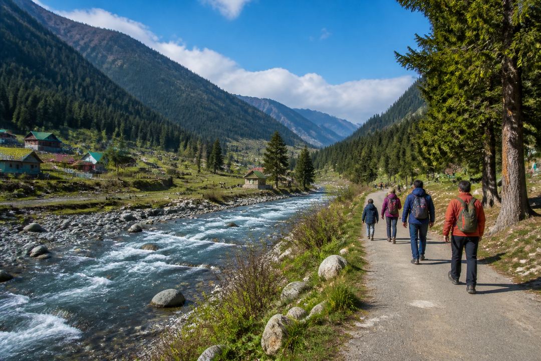 Wide view of Pahalgam valley with a river, pine forests and open meadows, with a few travellers walking along the riverside.