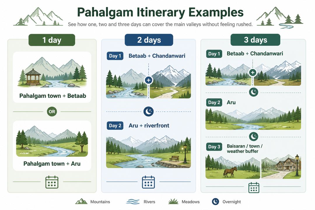 Simple chart showing example one-, two- and three-day Pahalgam sightseeing patterns with different valley combinations.