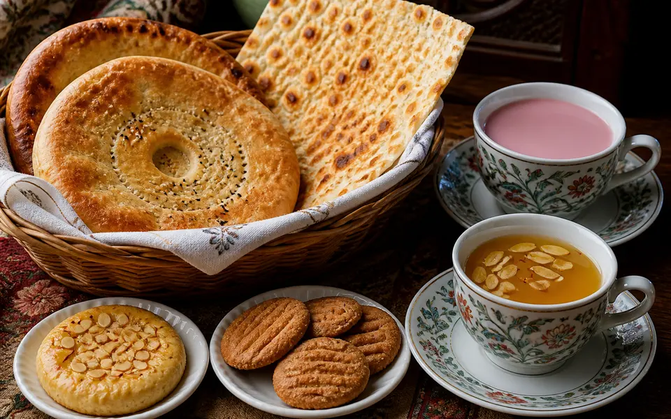 Traditional Kashmiri bakery breads with cups of kahwa and noon chai on a table.