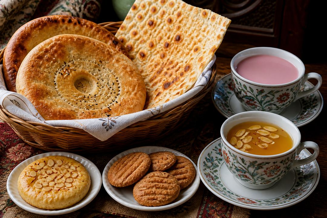 Traditional Kashmiri bakery breads with cups of kahwa and noon chai on a table.