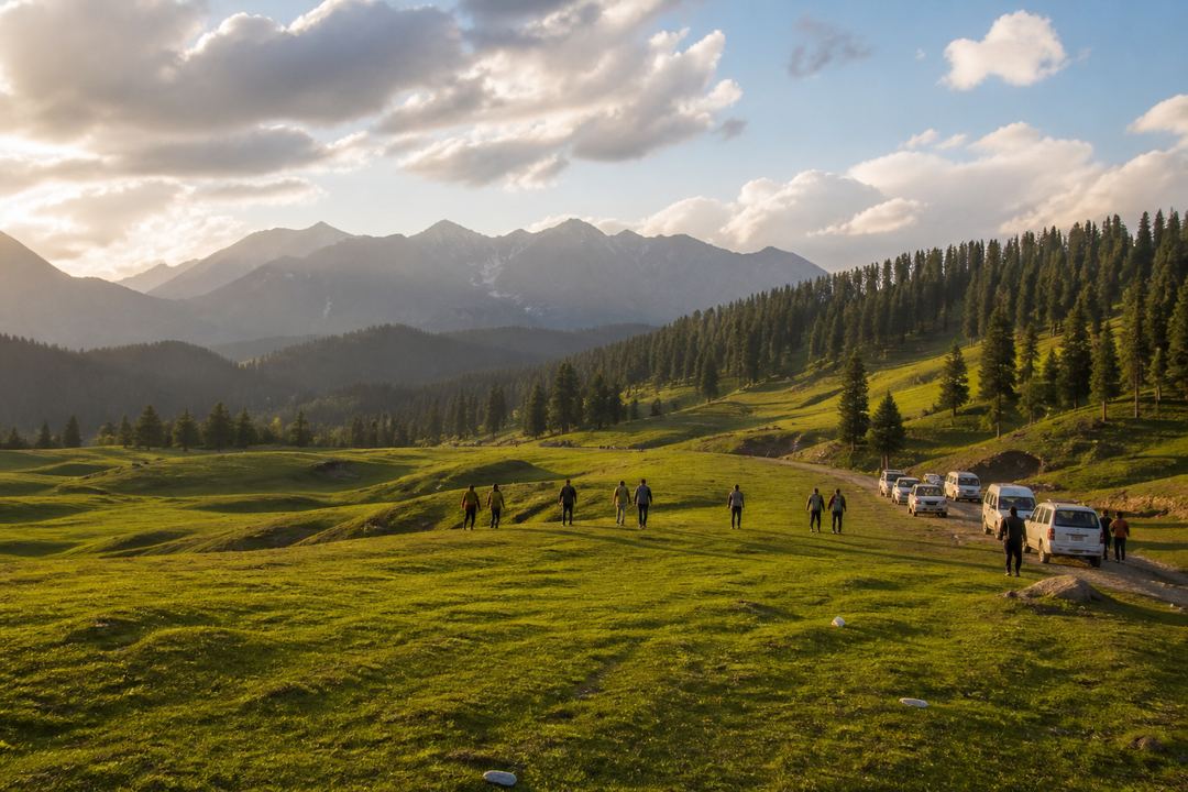 Soft afternoon light over a green high meadow and surrounding hills in Kashmir.