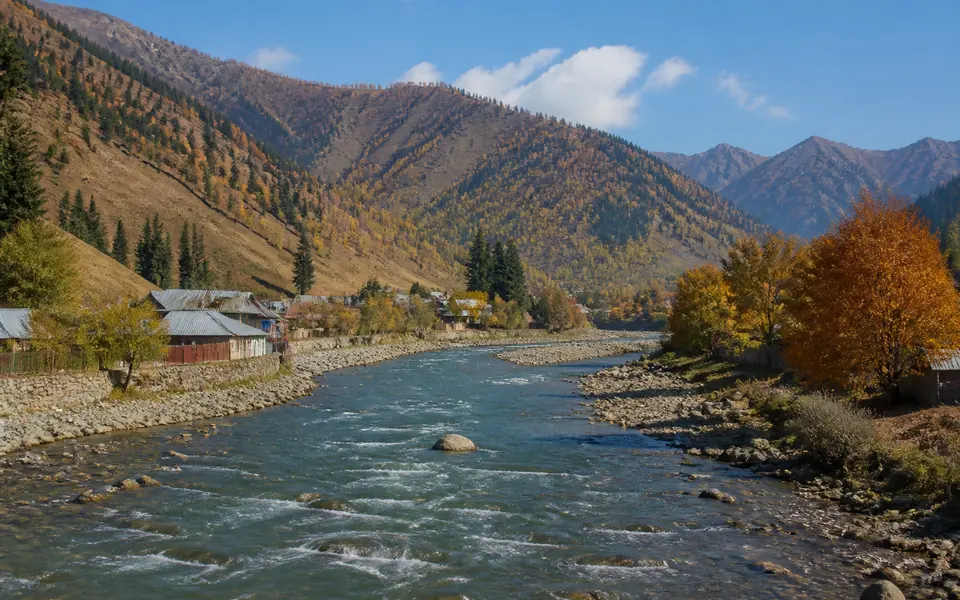Early autumn view of Gurez Valley with golden-brown slopes, scattered trees and clear skies above the river.