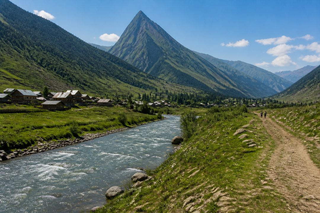 Wide view of Gurez Valley in summer with the Kishanganga River, green slopes and a sharp peak resembling Habba Khatoon.