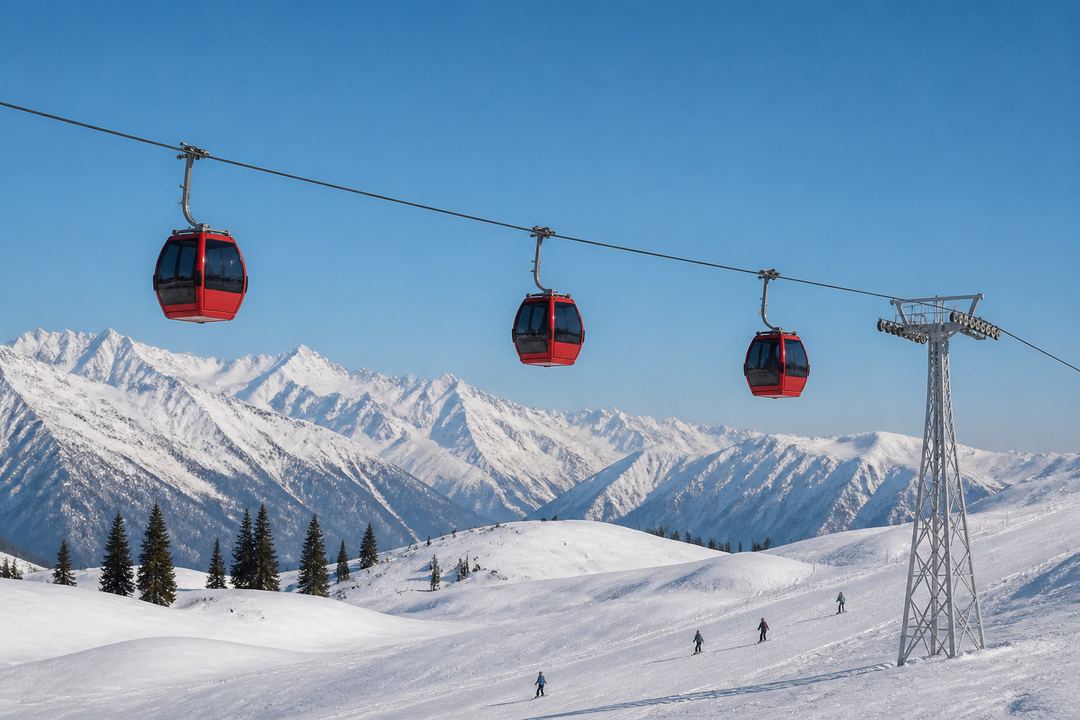 Gulmarg gondola cabins moving above snow-covered slopes with Himalayan peaks in the background.