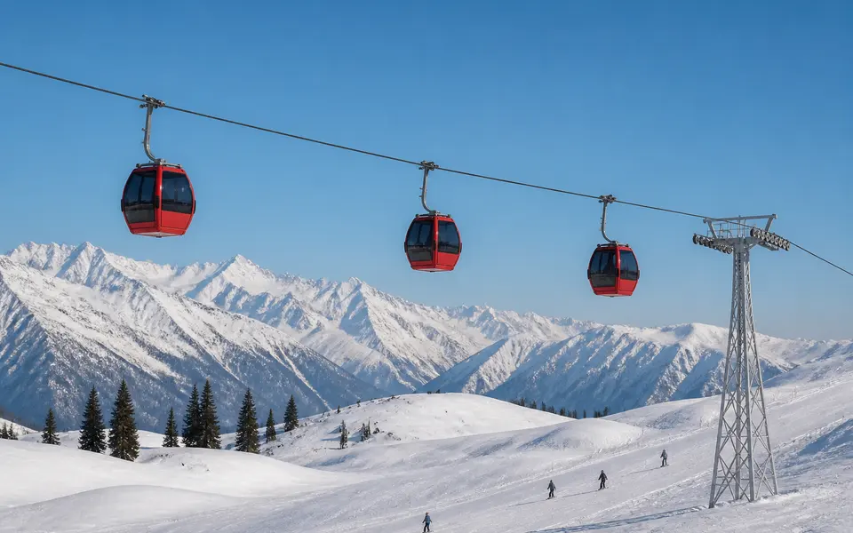 Gulmarg gondola cabins moving above snow-covered slopes with Himalayan peaks in the background.