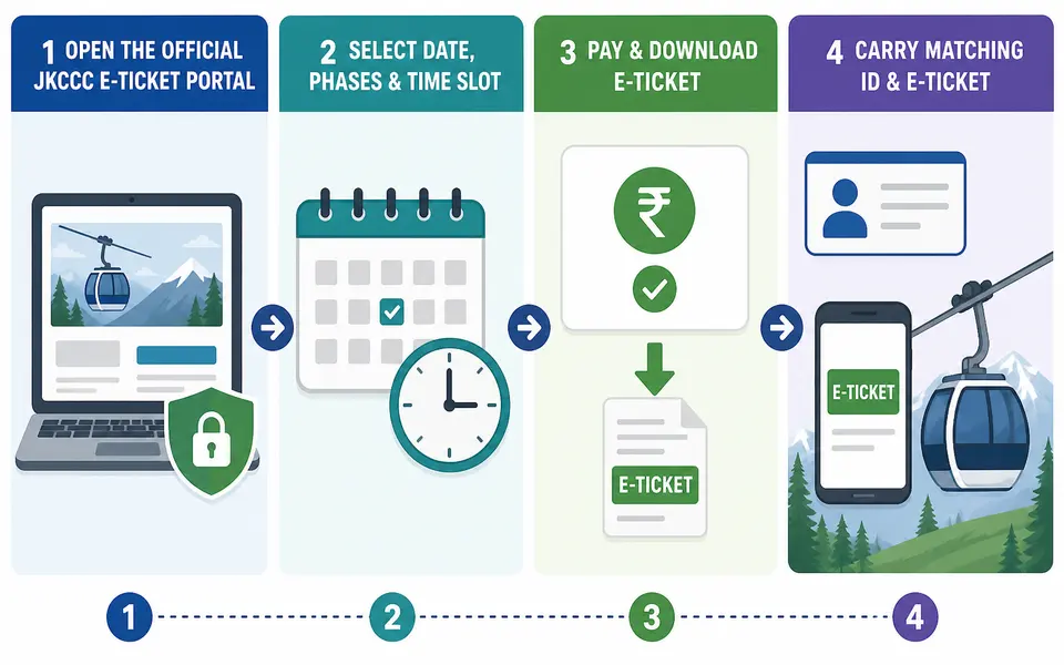 Simple flowchart of the Gulmarg Gondola online booking process from choosing date and phases to carrying the e-ticket and ID to the base station.
