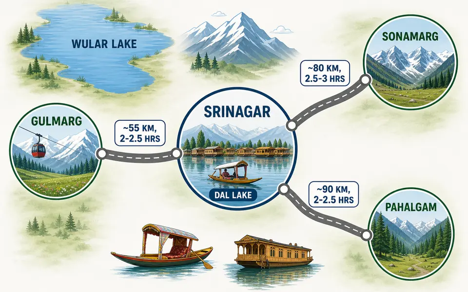 Simplified map of the Kashmir Valley showing Srinagar at the centre with roads leading to Gulmarg, Pahalgam and Sonamarg and approximate drive times marked.