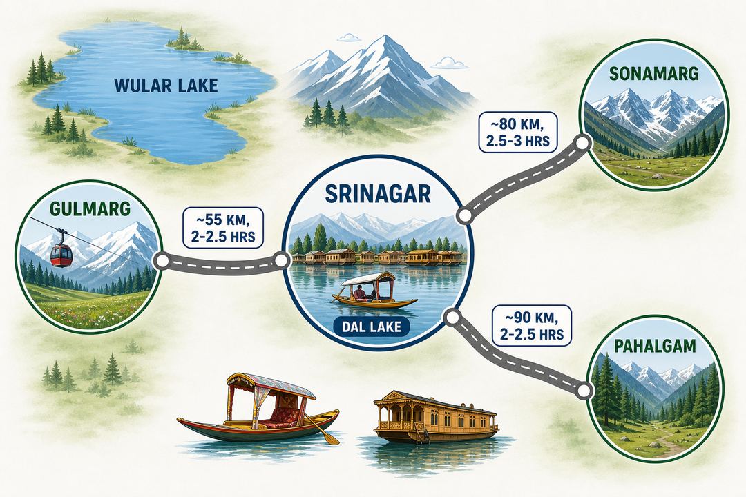 Simplified map of the Kashmir Valley showing Srinagar at the centre with roads leading to Gulmarg, Pahalgam and Sonamarg and approximate drive times marked.