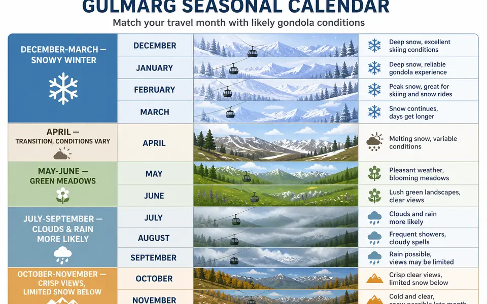 Seasonal calendar for Gulmarg showing typical winter snow months, green summer months, monsoon cloudier weeks and clear autumn periods.