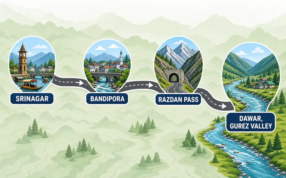 Simple map-style graphic showing the road route from Srinagar to Bandipora, over Razdan Pass and down to Dawar in Gurez Valley.
