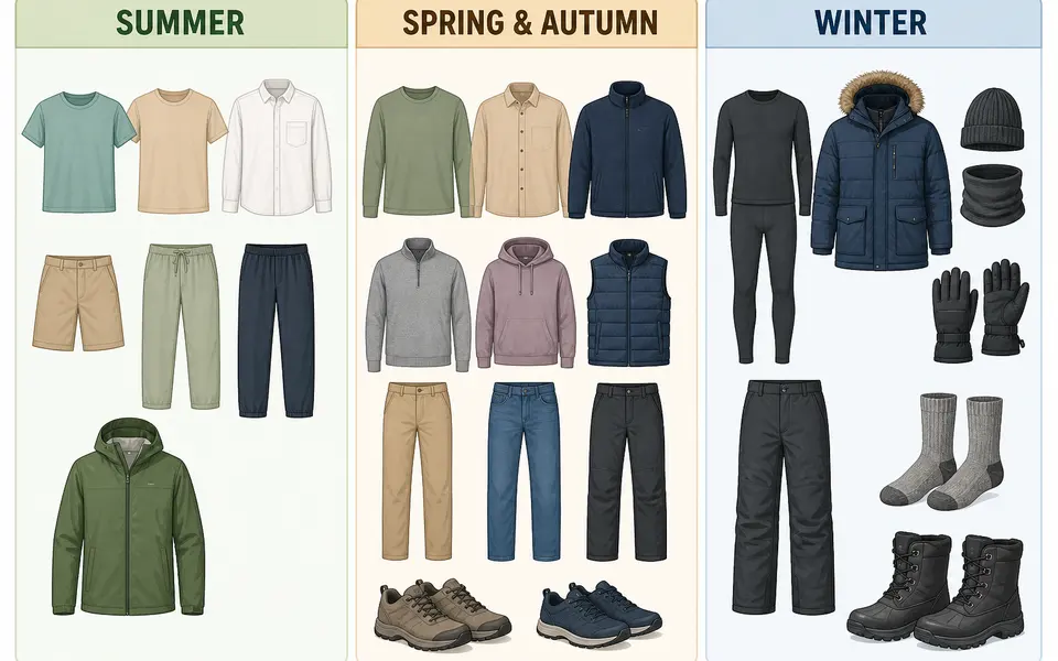 Infographic showing separate packing lists for Kashmir’s summer, spring/autumn and winter seasons.