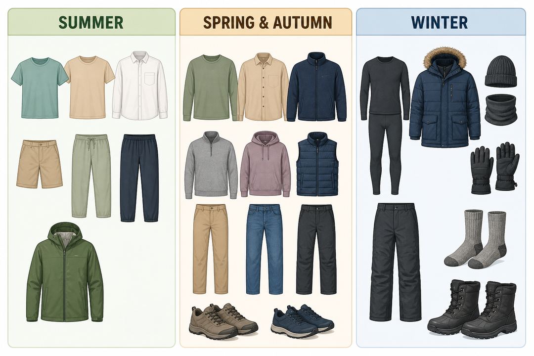Infographic showing separate packing lists for Kashmir’s summer, spring/autumn and winter seasons.